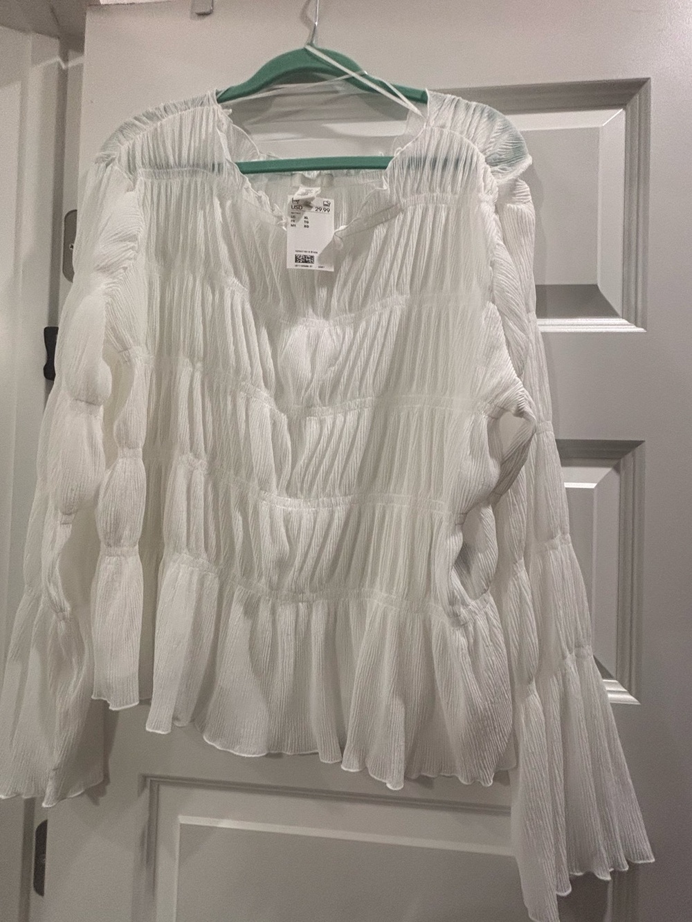 H&M White Pleated Ruffle Peasant Blouse